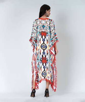 White And Orange Modern Geometric Mid Length Kaftan 5