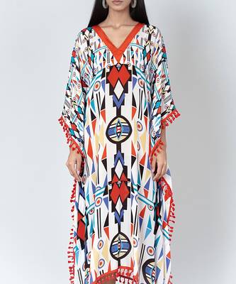 White And Orange Modern Geometric Mid Length Kaftan 6