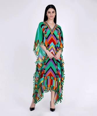 Green And Cyan Striped Mid Length Kaftan 1