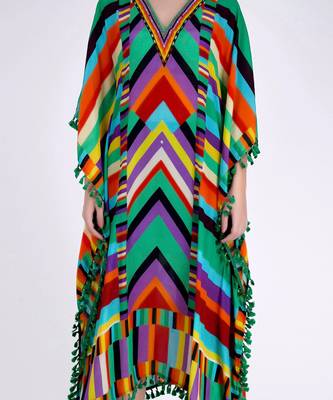 Green And Cyan Striped Mid Length Kaftan 5