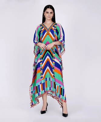 Pink And Blue Striped Mid Length Kaftan 1