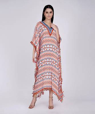 Orange And Blue Aztec Mid Length Kaftan 1