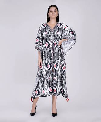 Black Ikat Print Mid Length Kaftan 1