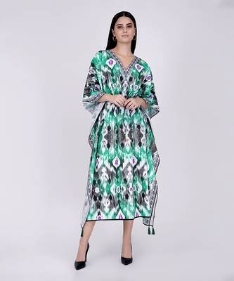 Green Ikat Print Mid Length Kaftan 1