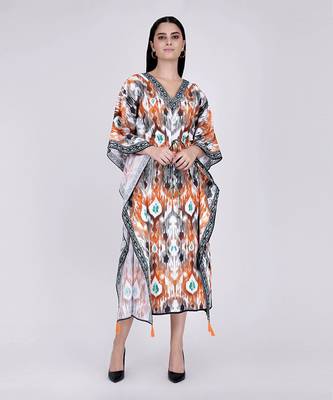 Orange Ikat Print Mid Length Kaftan 1
