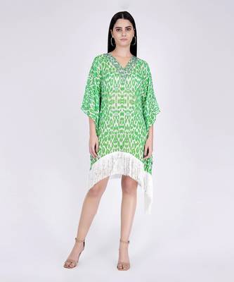 Green Embellished Animal Print Kaftan Top 1