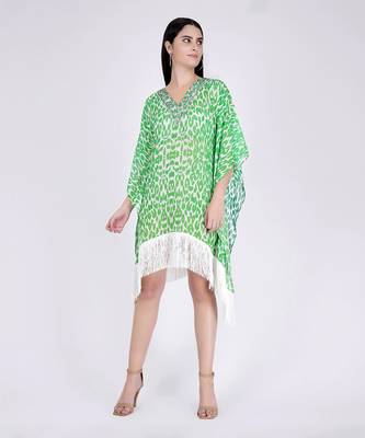 Green Embellished Animal Print Kaftan Top 2