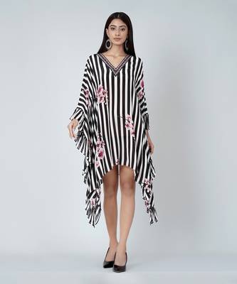 Black And White Embellished Floral Frill Kaftan Tunic 2