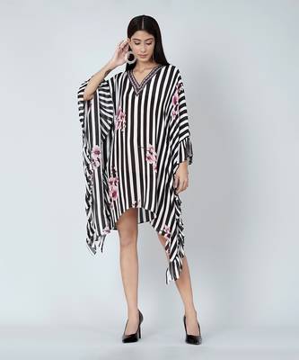 Black And White Embellished Floral Frill Kaftan Tunic 4