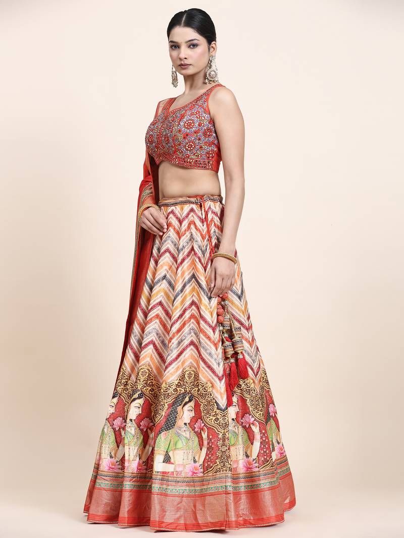 Multi Colour Embroidered Silk Traditional Lehnga Choli with Blouse Free Size