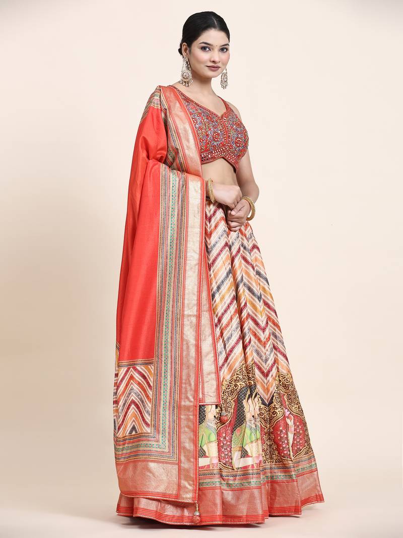 Multi Colour Embroidered Silk Traditional Lehnga Choli with Blouse Free Size