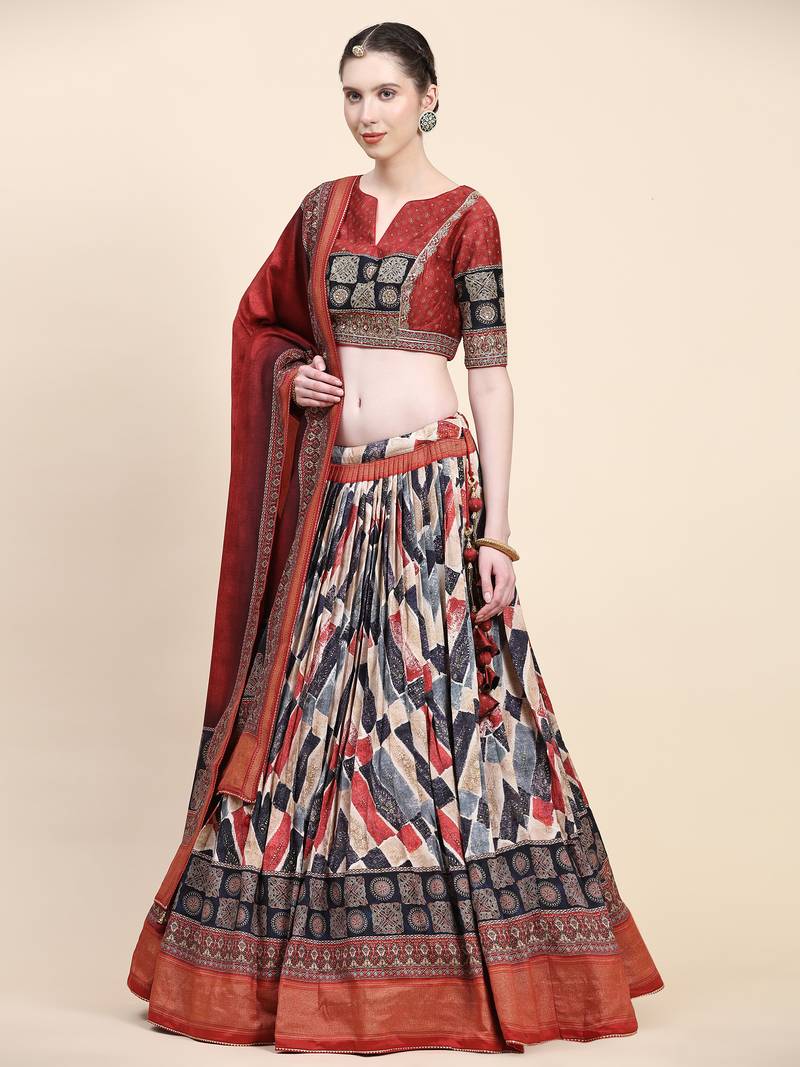 Maroon Printed Silk Traditional Lehnga Choli with Blouse Free Size
