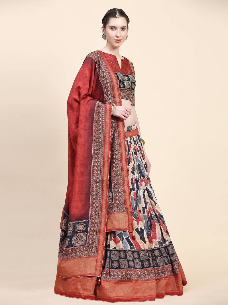 Maroon Printed Silk Traditional Lehnga Choli with Blouse Free Size
