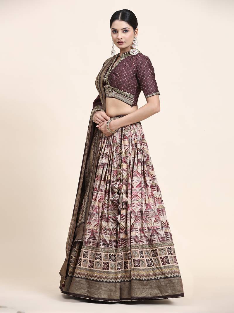 White&Orange Printed Silk Traditional Lehnga Choli with Blouse Free Size