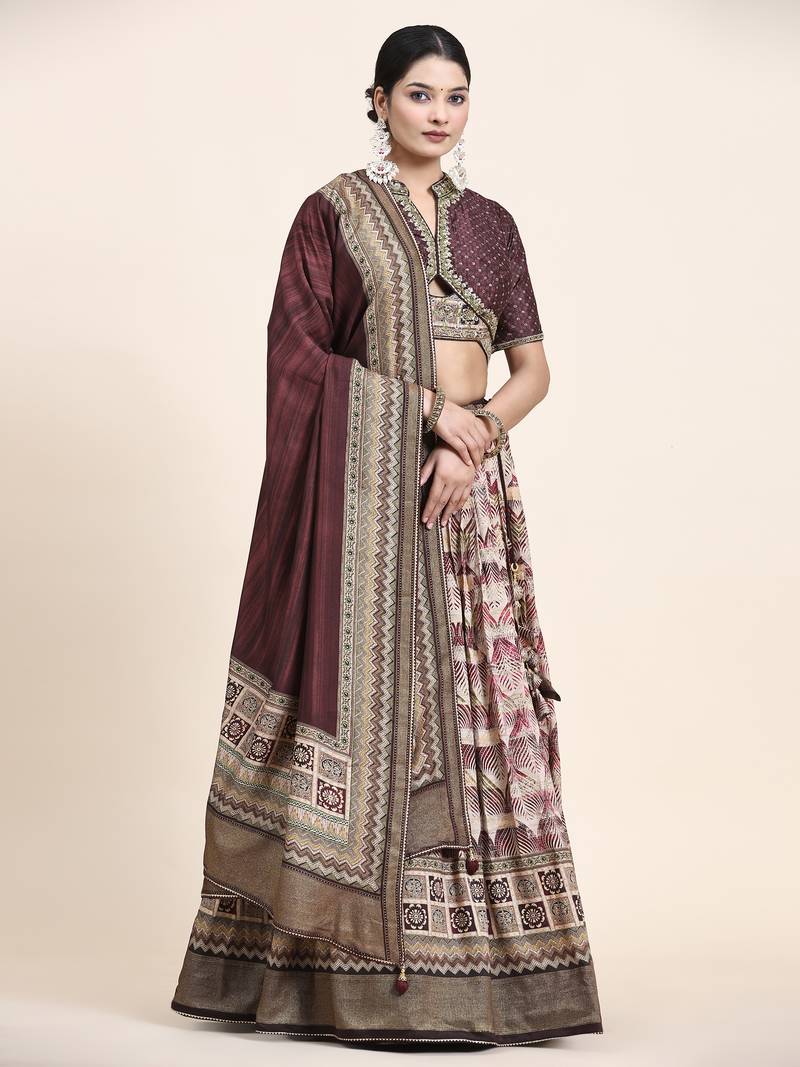 White&Orange Printed Silk Traditional Lehnga Choli with Blouse Free Size