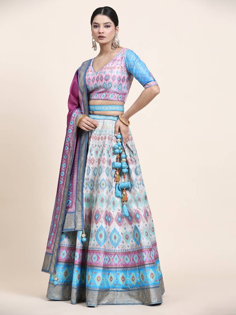 Multi Colour Embroidered Silk Traditional Lehnga Choli with Blouse Free Size