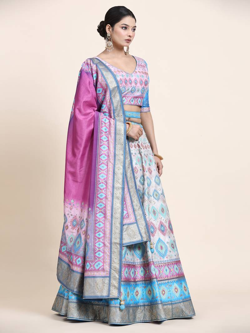Multi Colour Embroidered Silk Traditional Lehnga Choli with Blouse Free Size