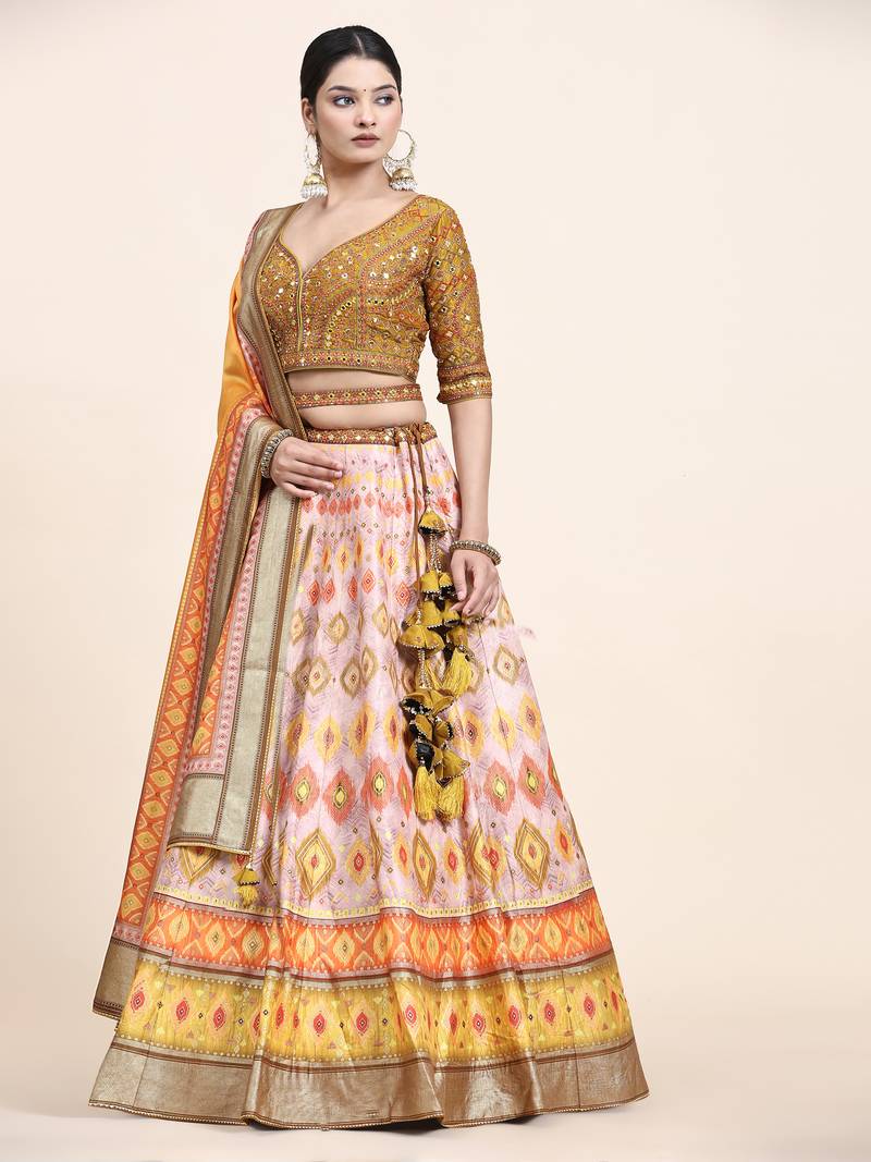 Multi Colour Embroidered Silk Traditional Lehnga Choli with Blouse Free Size