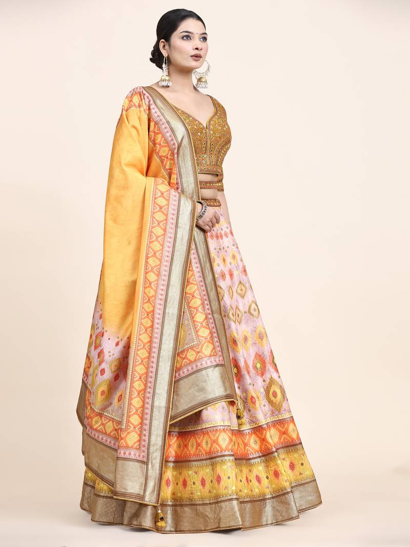 Multi Colour Embroidered Silk Traditional Lehnga Choli with Blouse Free Size