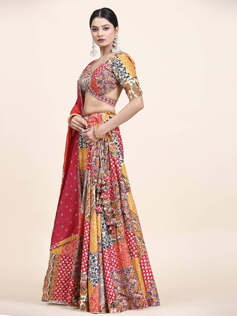 Multi Colour Embroidered Silk Traditional Lehnga Choli with Blouse Free Size