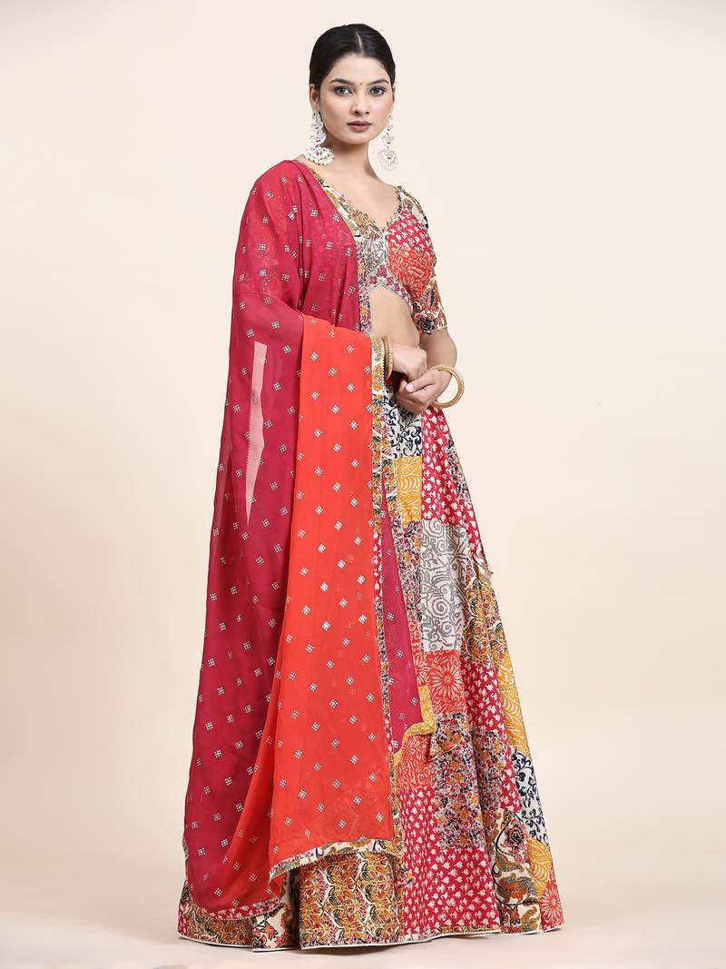 Multi Colour Embroidered Silk Traditional Lehnga Choli with Blouse Free Size