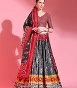 Red Printed Silk Traditional Lehnga Choli with Blouse Free Size