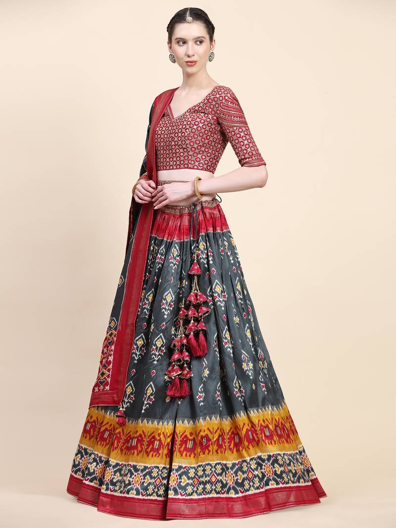 Red Printed Silk Traditional Lehnga Choli with Blouse Free Size