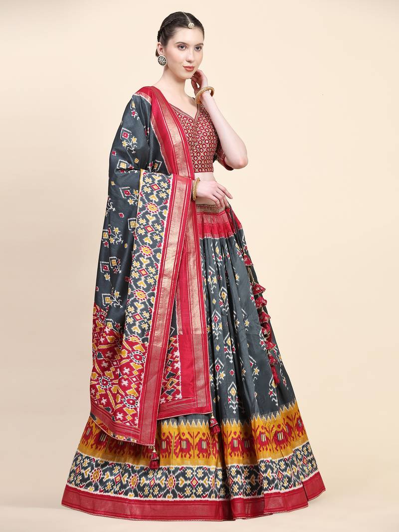 Red Printed Silk Traditional Lehnga Choli with Blouse Free Size