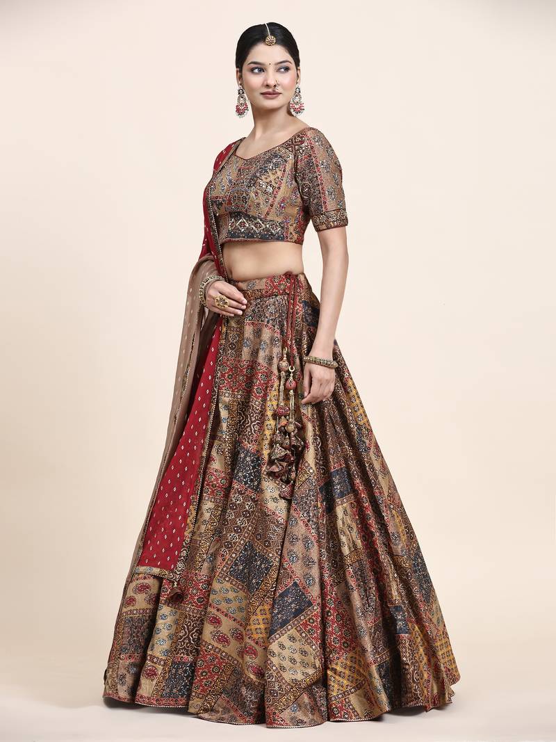 Multi Colour Embroidered Silk Traditional Lehnga Choli with Blouse Free Size