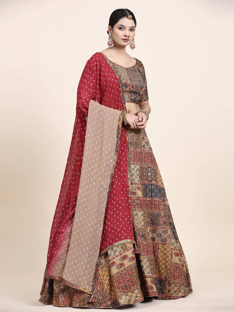 Multi Colour Embroidered Silk Traditional Lehnga Choli with Blouse Free Size