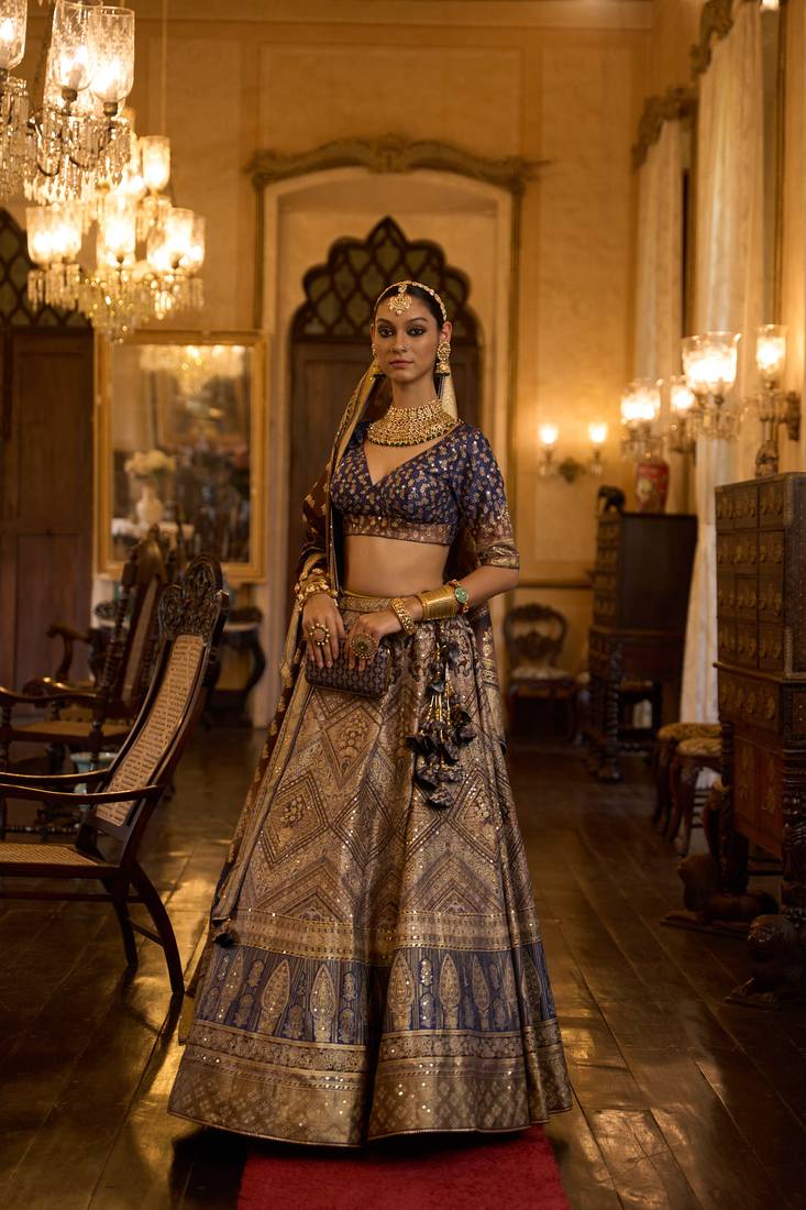 TUSSER WITH GERMAN BLUE AND MAROON Embroidered Silk Traditional Lehnga Choli with Blouse Free Size