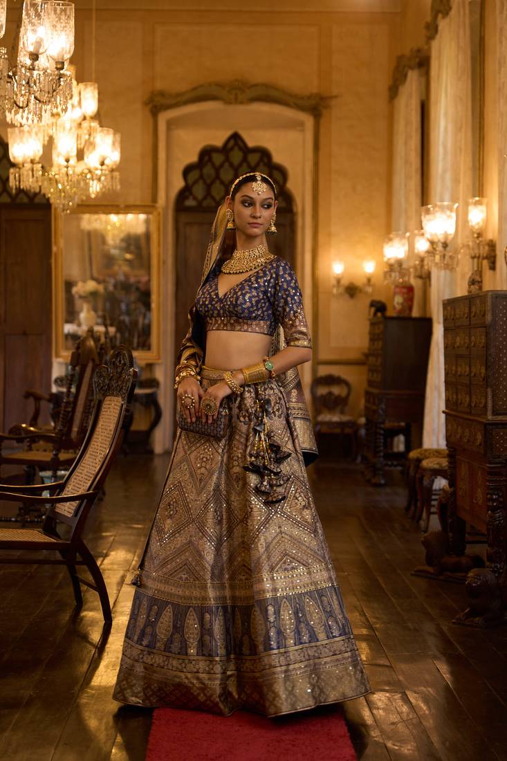 TUSSER WITH GERMAN BLUE AND MAROON Embroidered Silk Traditional Lehnga Choli with Blouse Free Size