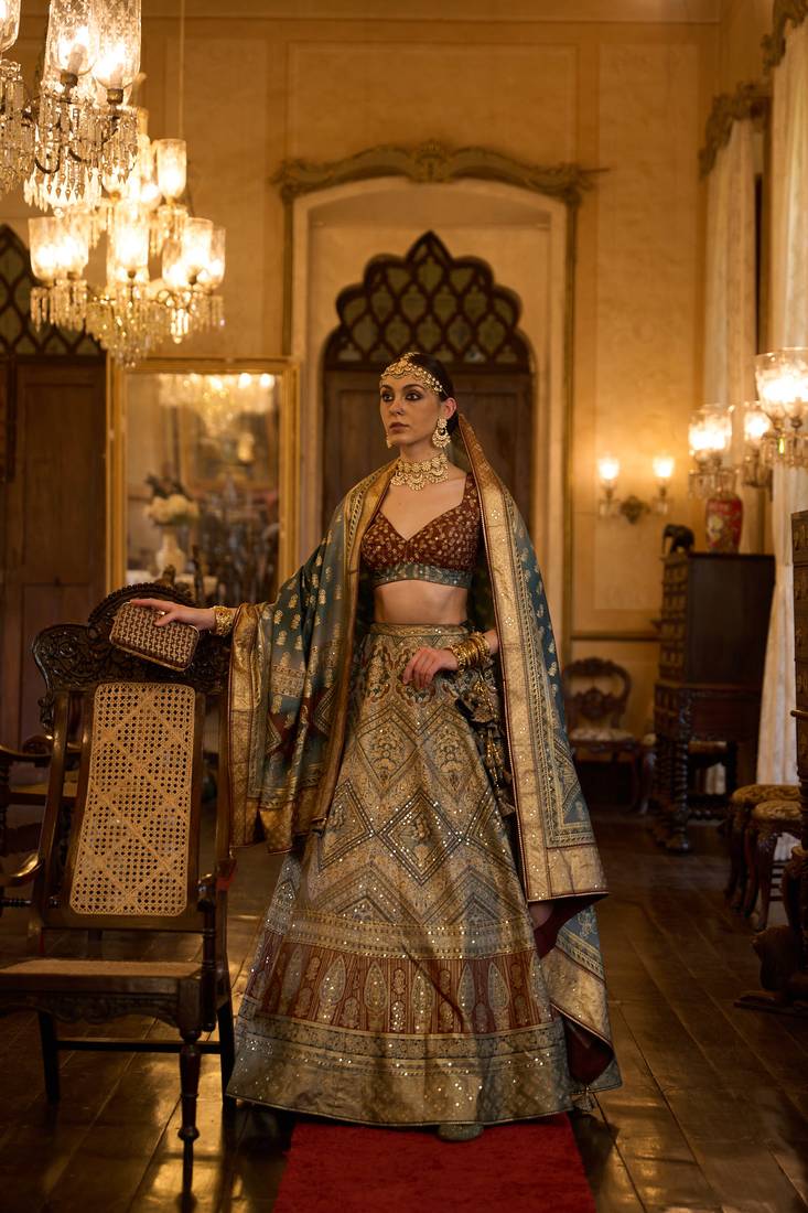 TUSSER WITH MAJENTA  AND MEHNDI Embroidered Silk Traditional Lehnga Choli with Blouse Free Size