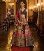 TUSSER SOFT RED WITH NAVY BLUE Embroidered Silk Traditional Lehnga Choli with Blouse Free Size