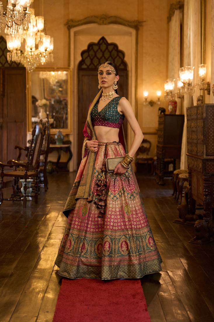 TUSSER SOFT RED WITH NAVY BLUE Embroidered Silk Traditional Lehnga Choli with Blouse Free Size