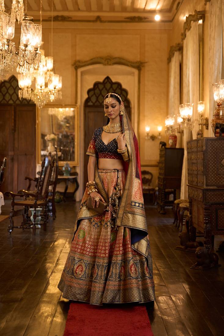 Multi Colour Embroidered Silk Traditional Lehnga Choli with Blouse Free Size