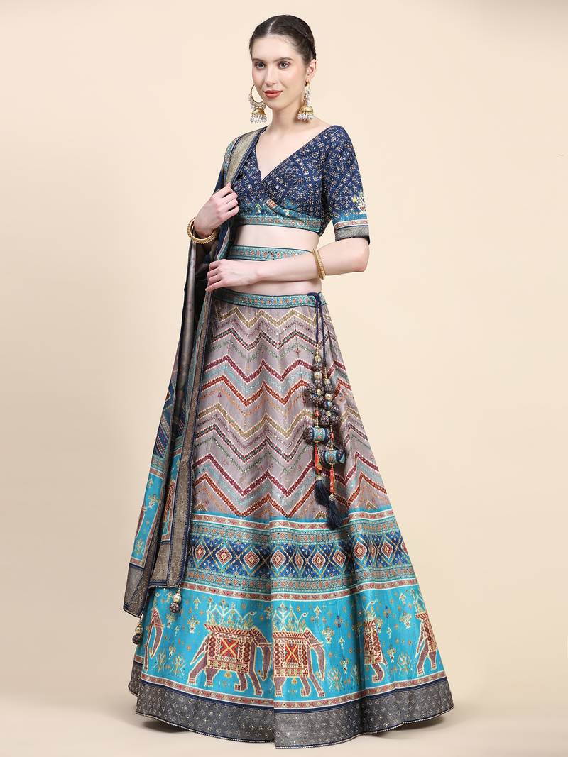 Multi Colour Embroidered Silk Traditional Lehnga Choli with Blouse Free Size