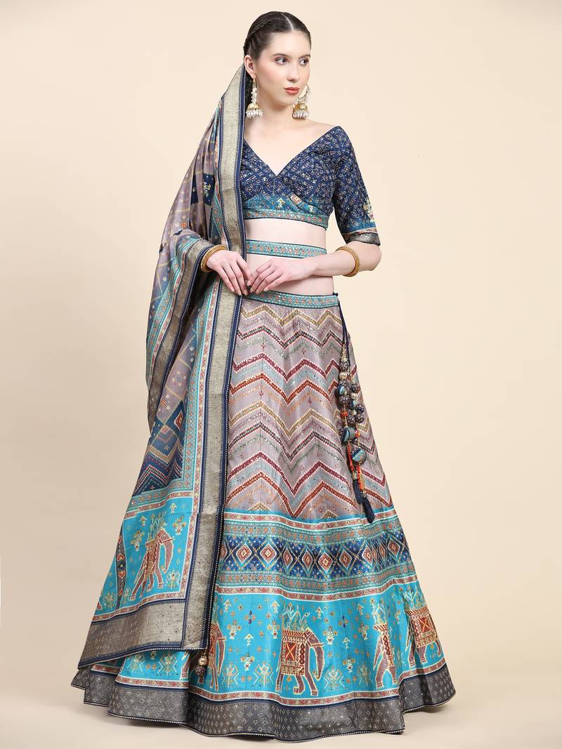 Multi Colour Embroidered Silk Traditional Lehnga Choli with Blouse Free Size