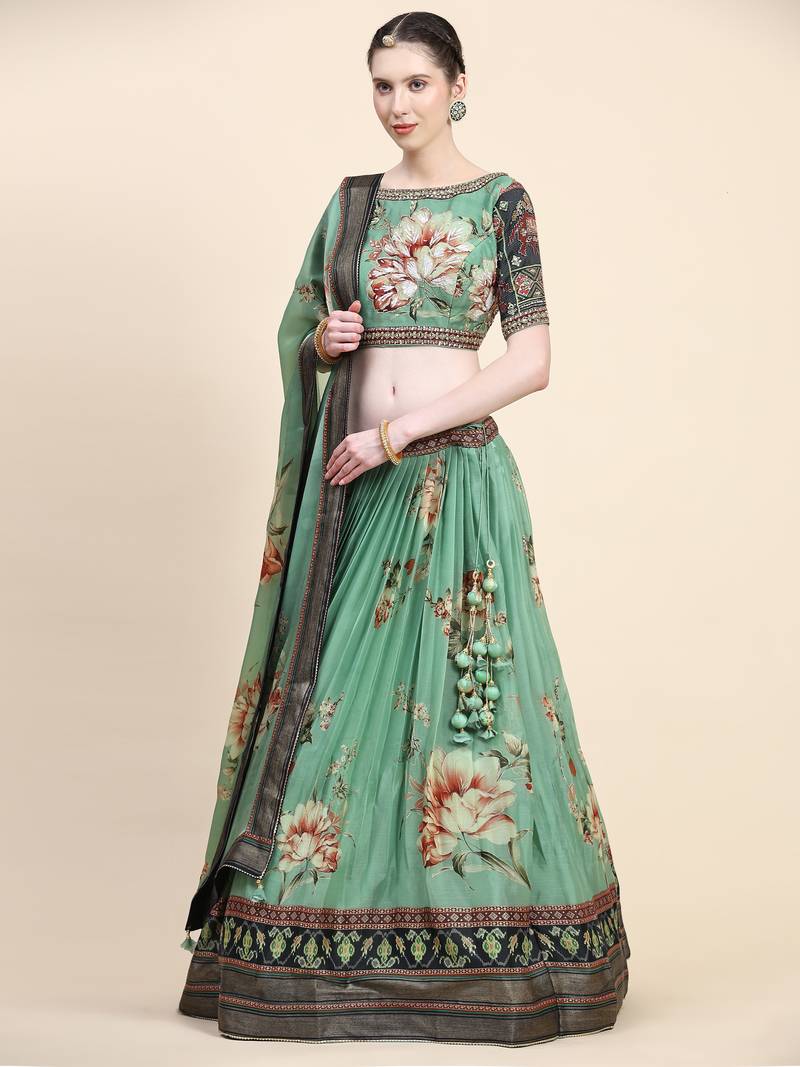 Multi Colour Embroidered Silk Traditional Lehnga Choli with Blouse Free Size