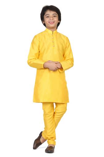 Yellow plain dupion boys-kurta-pyjama