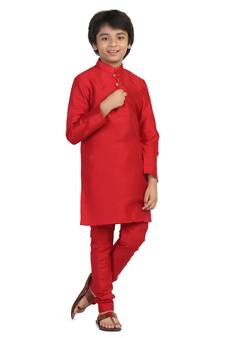 Red plain dupion boys-kurta-pyjama