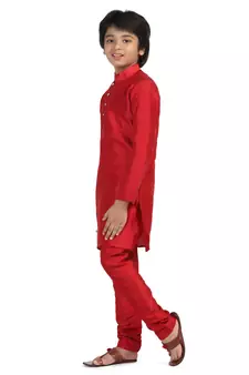 Red plain dupion boys-kurta-pyjama