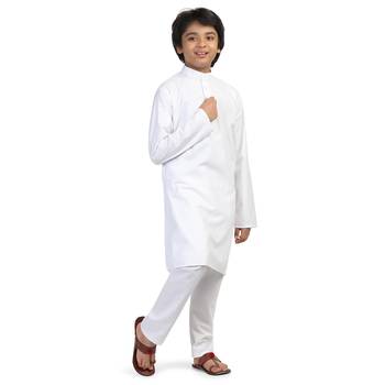 White Cotton Plain Boys Kurta Pajama  2