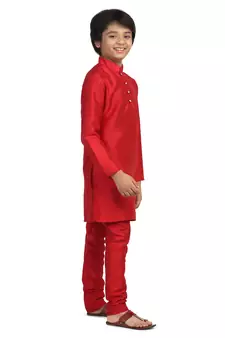 Red plain dupion boys-kurta-pyjama