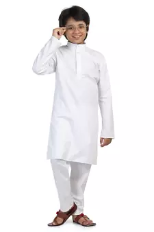 White Cotton Plain Boys Kurta Pajama 