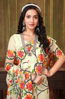 Off White Woven Silk Blend Saree With Blouse