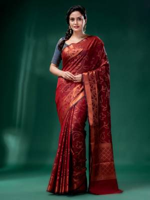 Dark Red Cotton Silk saree with woven design 1