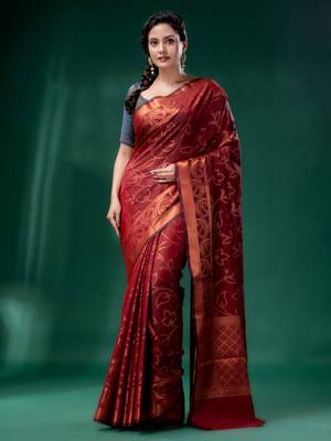 Dark Red Cotton Silk saree with woven design 2