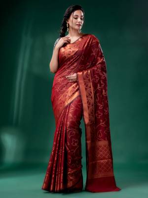 Dark Red Cotton Silk saree with woven design 3