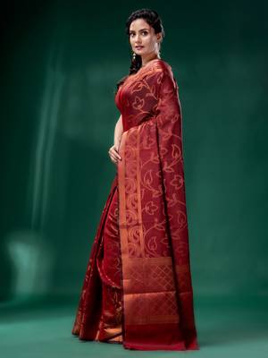 Dark Red Cotton Silk saree with woven design 4